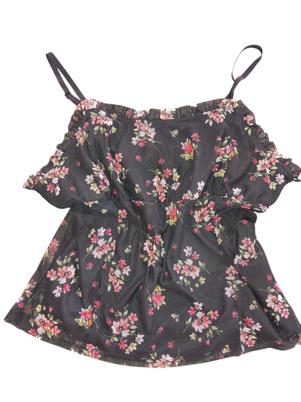 Women’s Black Floral Ruffle Cold-Shoulder Top